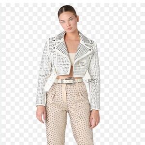 Seta Bianca Jacket- Studded White Cropped Moto Jacket - Women